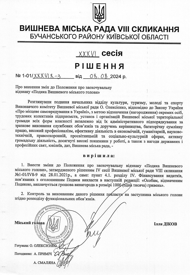 РІШЕННЯ ХХХVІ СЕСІЇ VIІІ СКЛИКАННЯ від 08.08.2024 року